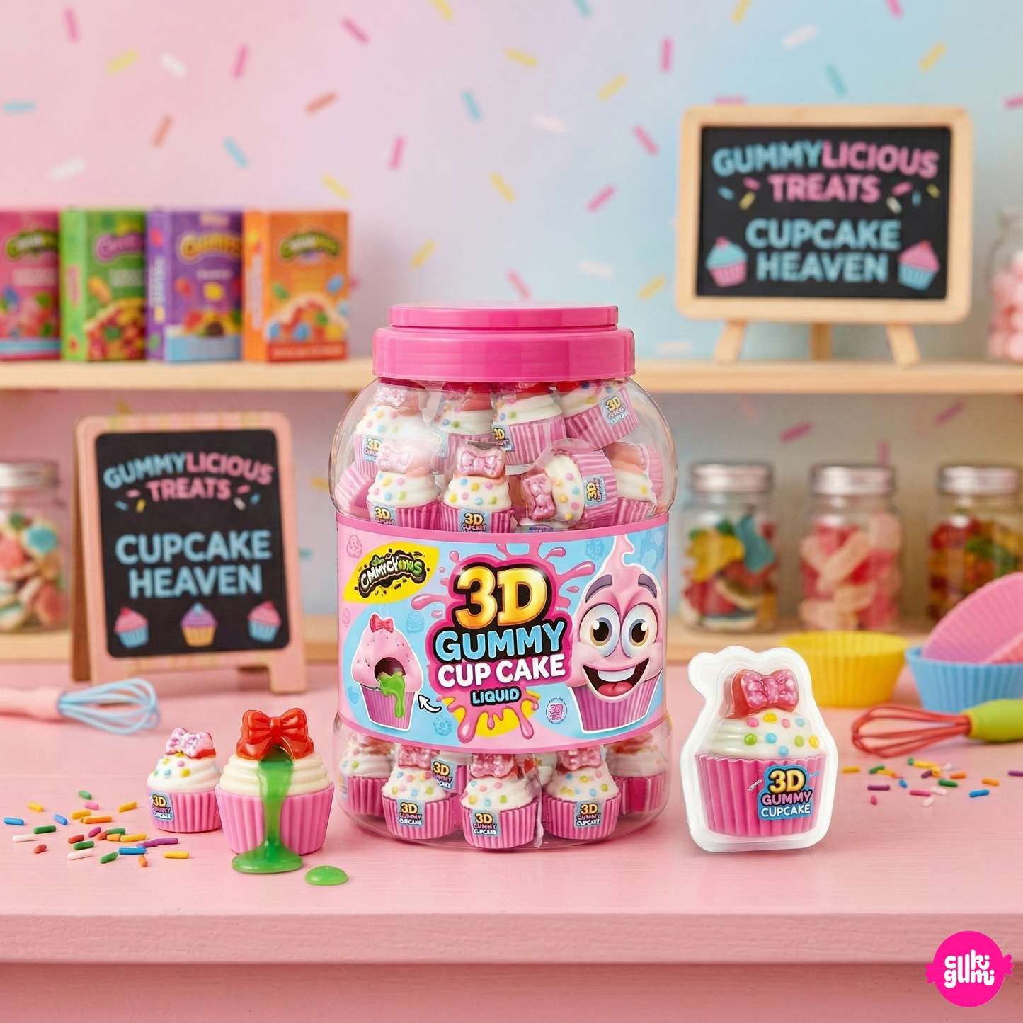 Johny Bee 3D Juicy Gummy Cupcake 18 g - Eper ízű töltött gumicukor muffin
