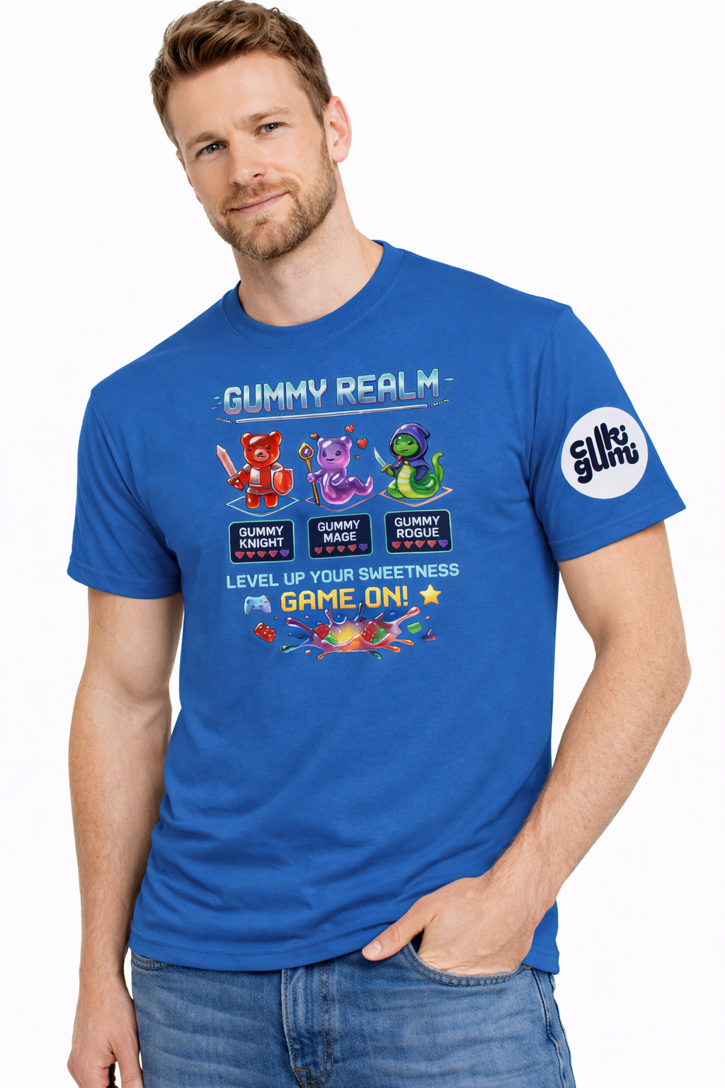 Gummy Realm Férfi Gamer Póló – Level Up Edition