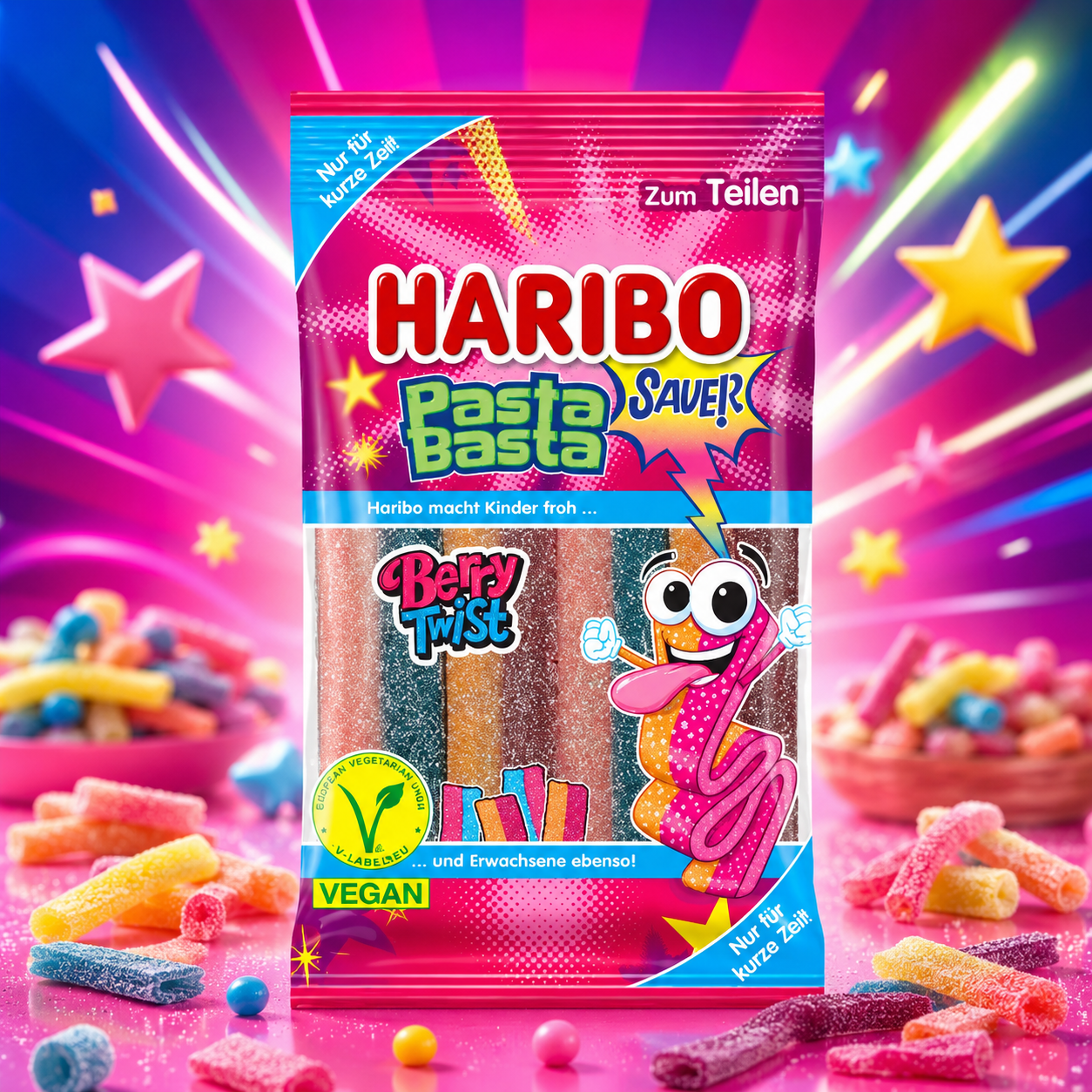 Haribo Pasta Basta Berry Twist Sauer Vegan 160g – Savanyú Bogyós Gyümölcsízű Vegán Gumicukor Szalagok