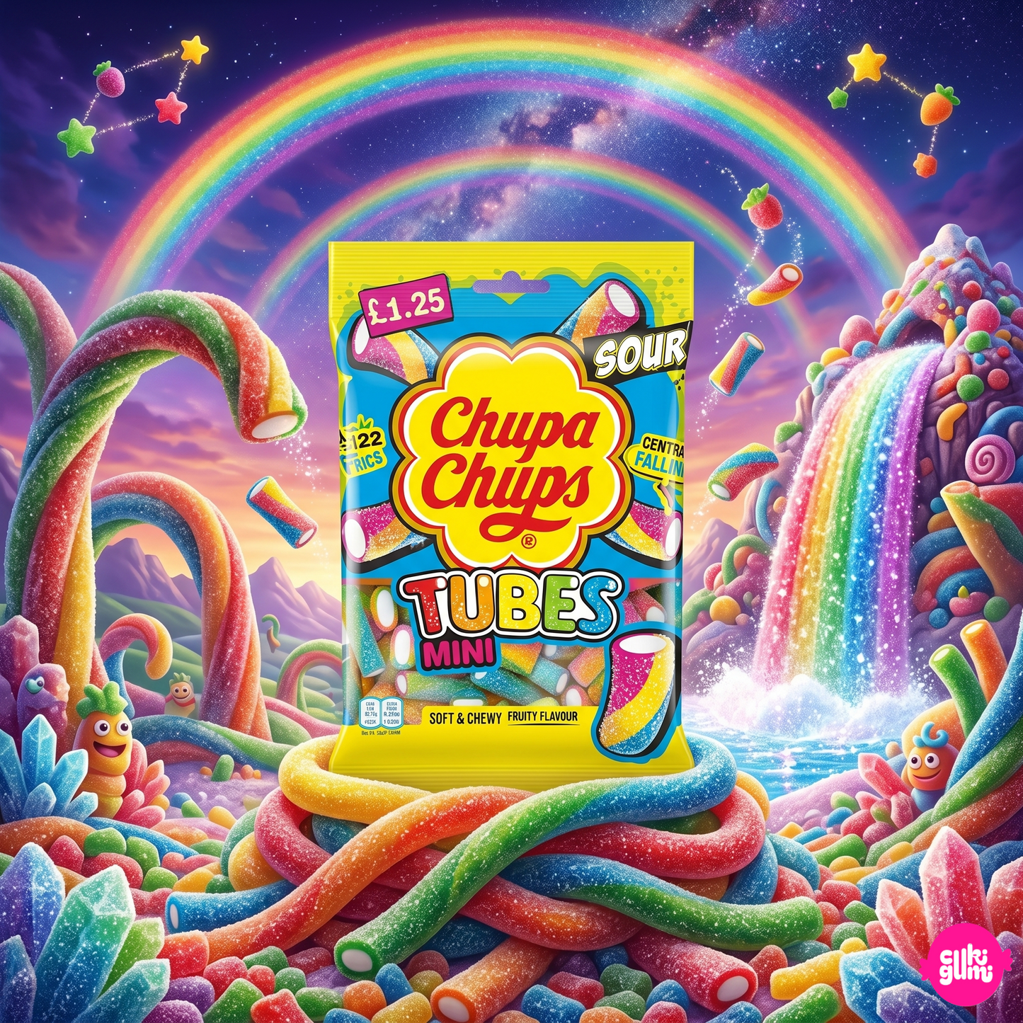 Chupa Chups Mini Sour Tubes 120 g – Savanyú Gyümölcsös Rágós Cukorka Csövek