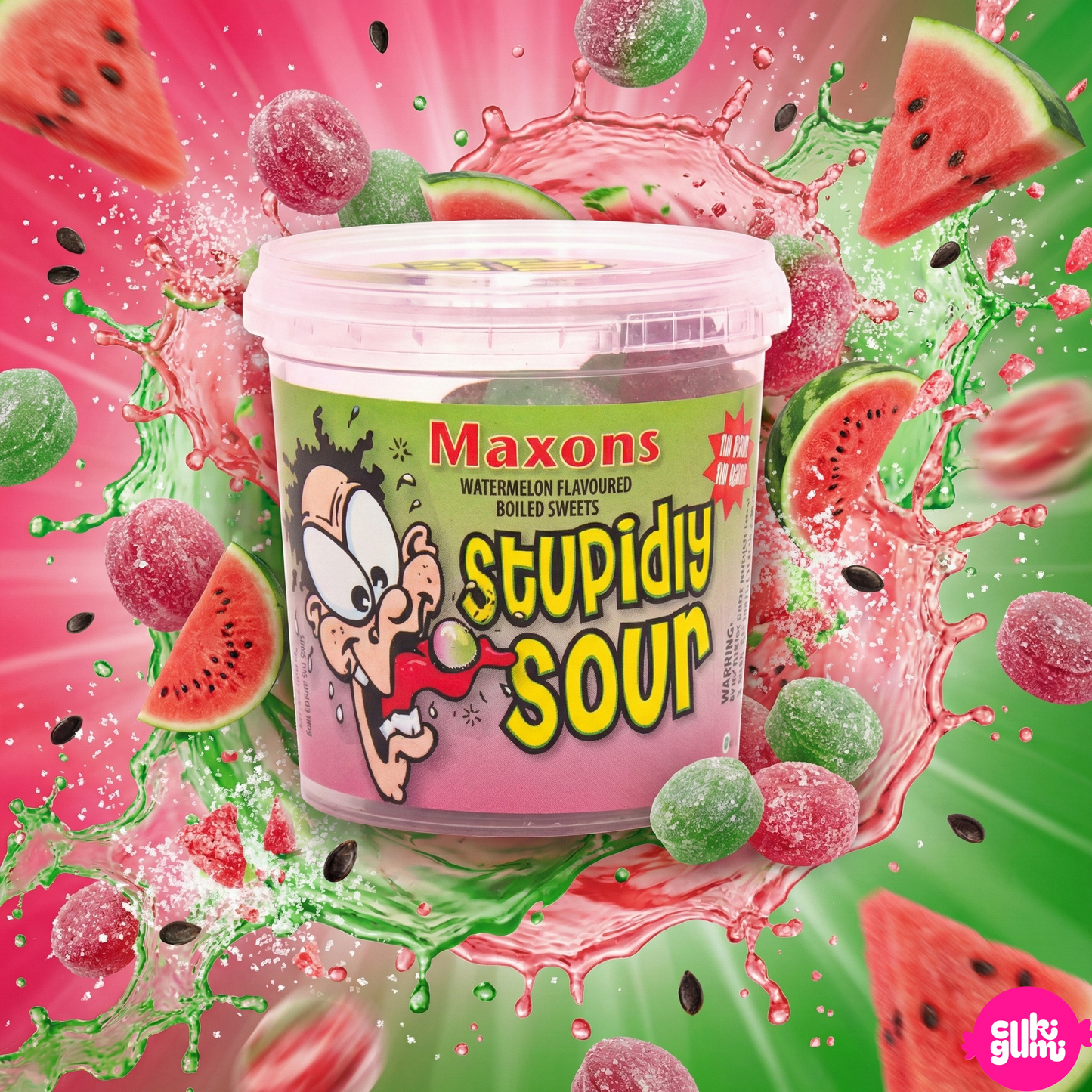Maxons Stupidly Sour Tub Watermelon 75g – Brutálisan Savanyú Görögdinnyés Keménycukorka