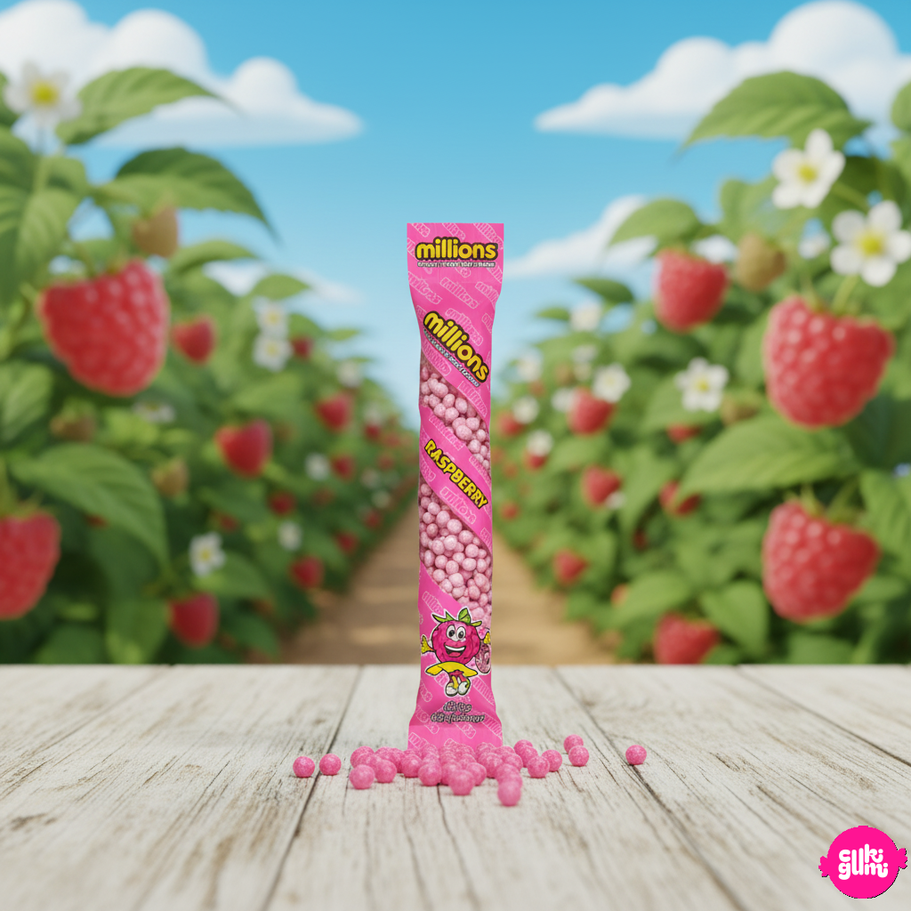 Millions Raspberry Tube – Málnás rágócukorka 55g