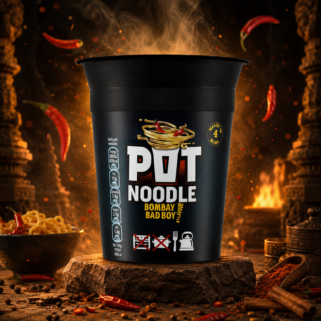 Pot Noodle Bombay Bad Boy 90g – Extra Csípős Indiai Currys Tésztás Pohárétel