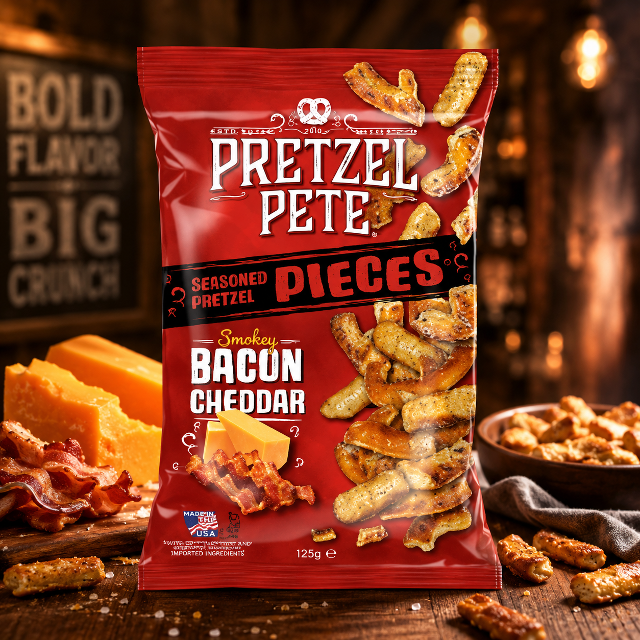 Pretzel Pete Pieces Smokey Bacon Cheddar 120g – Füstölt Baconos-Cheddar Sajtos Perecdarabok