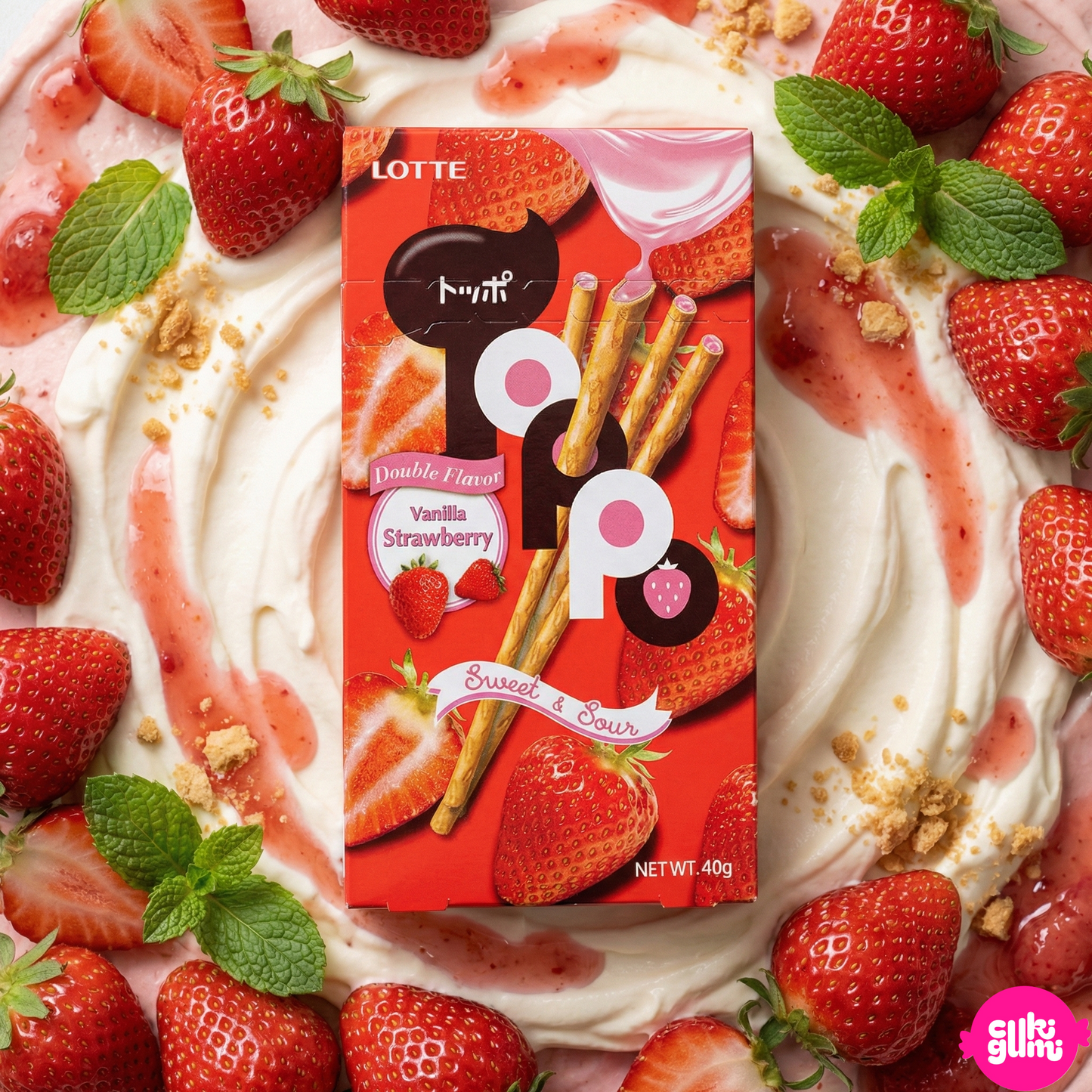 Toppo Vanilla Strawberry 40g – Vaníliás kekszrúd epres krémmel töltve