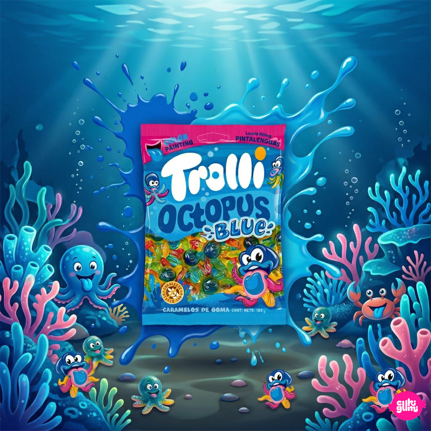 Trolli Liquid Center Blue Octopus Candy 100 g - Nyelvfestő kék folyékony töltelékes polip gumicukor