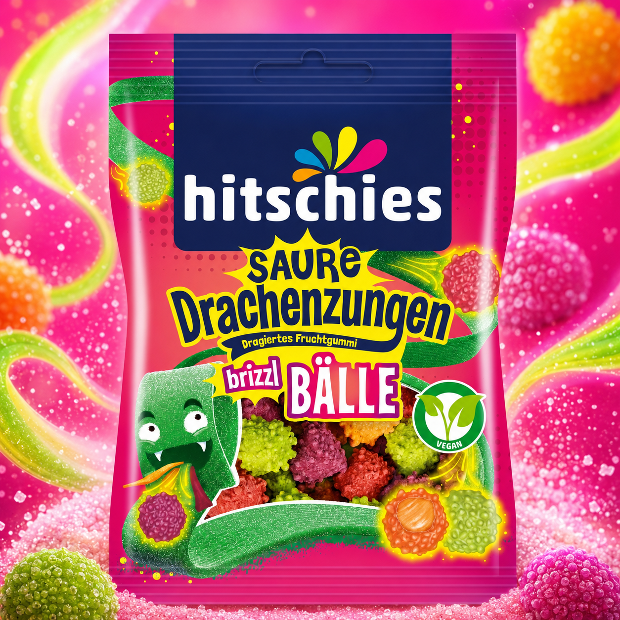 hitschies Sour Dragon Tongues Brizzl Balls 100g – Savanyú Gyümölcsös Gumicukor Golyók