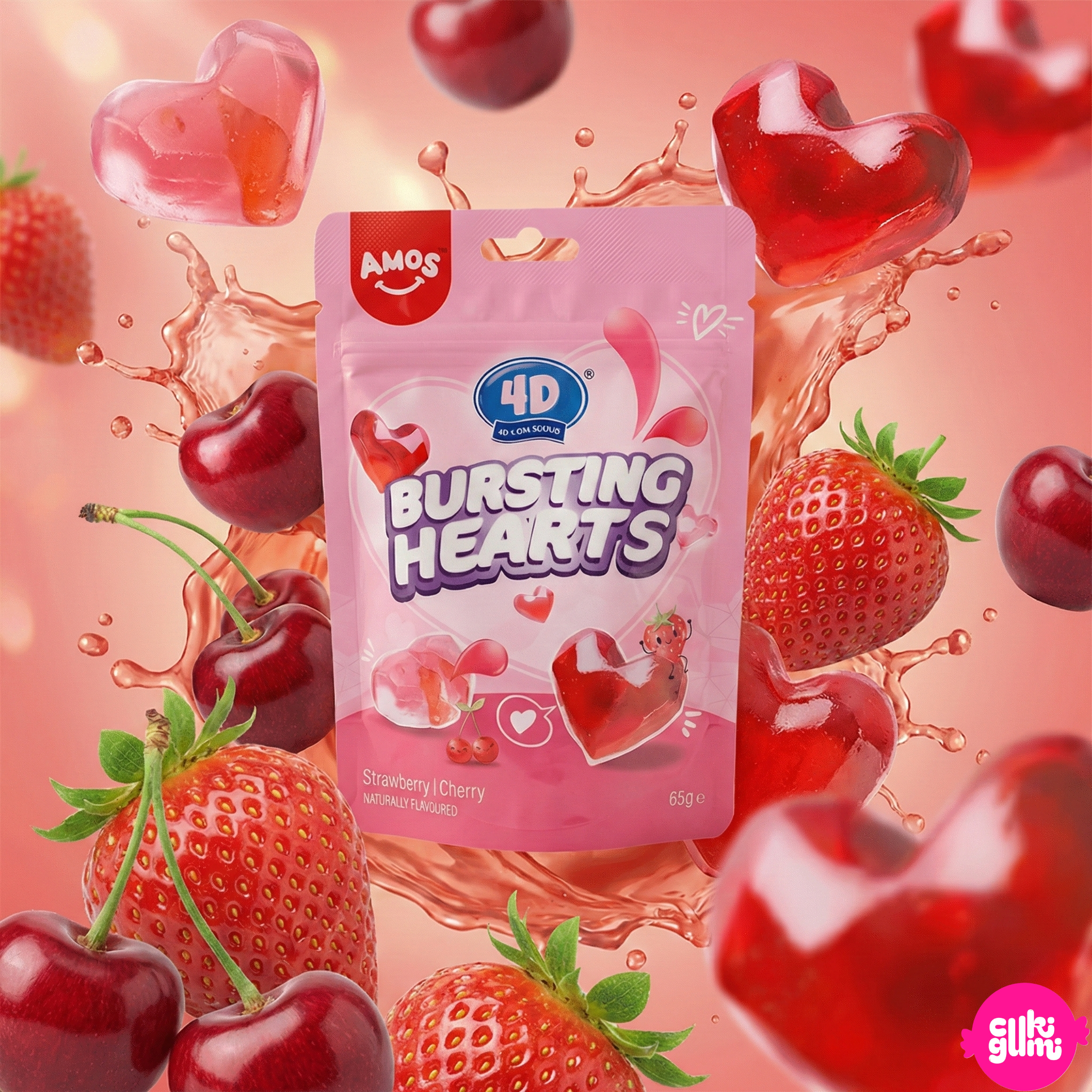 Amos 4D Bursting Hearts 65 g – Fruity jelly candy