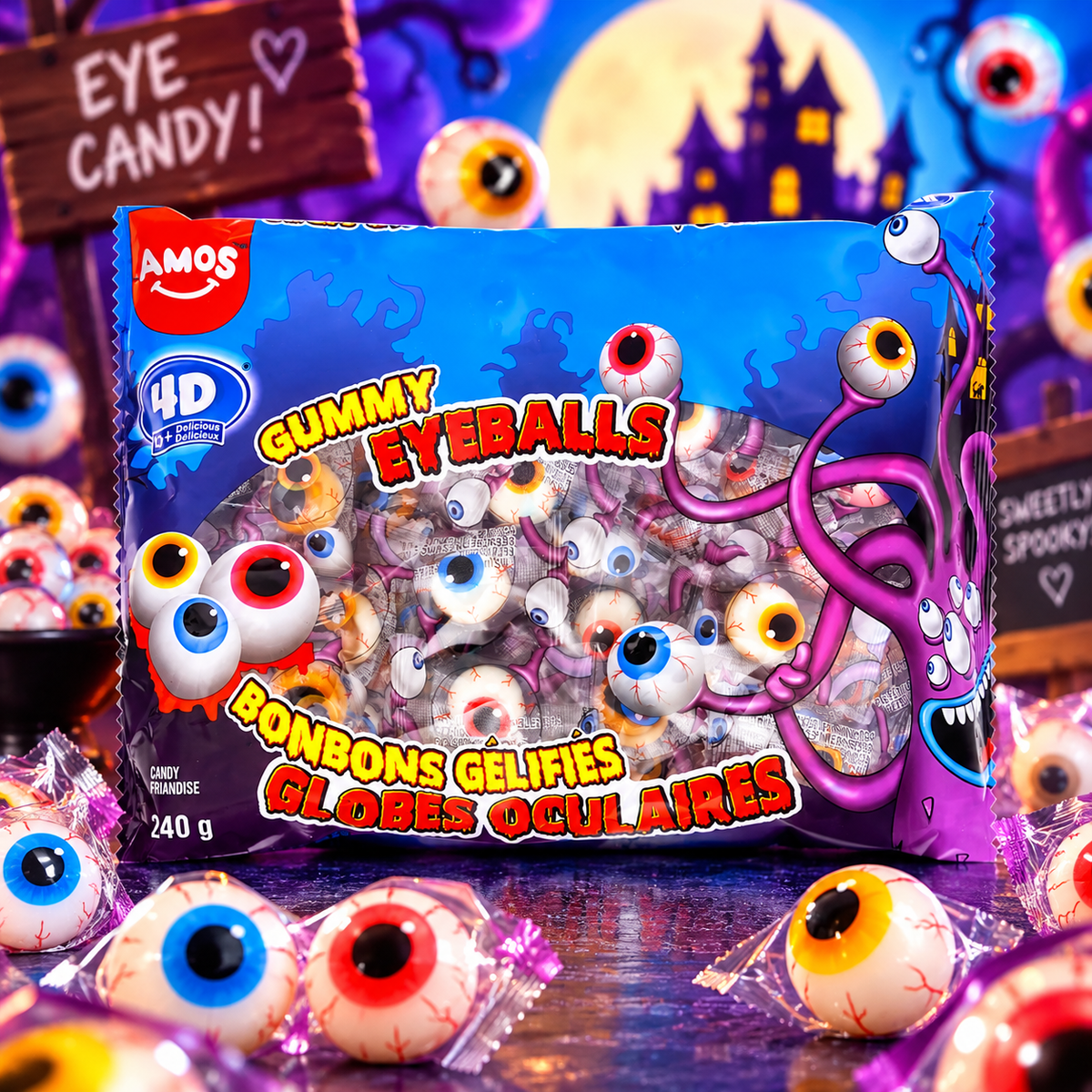 Amos 4D Gummy Eyeballs 240 g - Szemgolyó alakú vegyes gyümölcsízű gumicukor 240 g