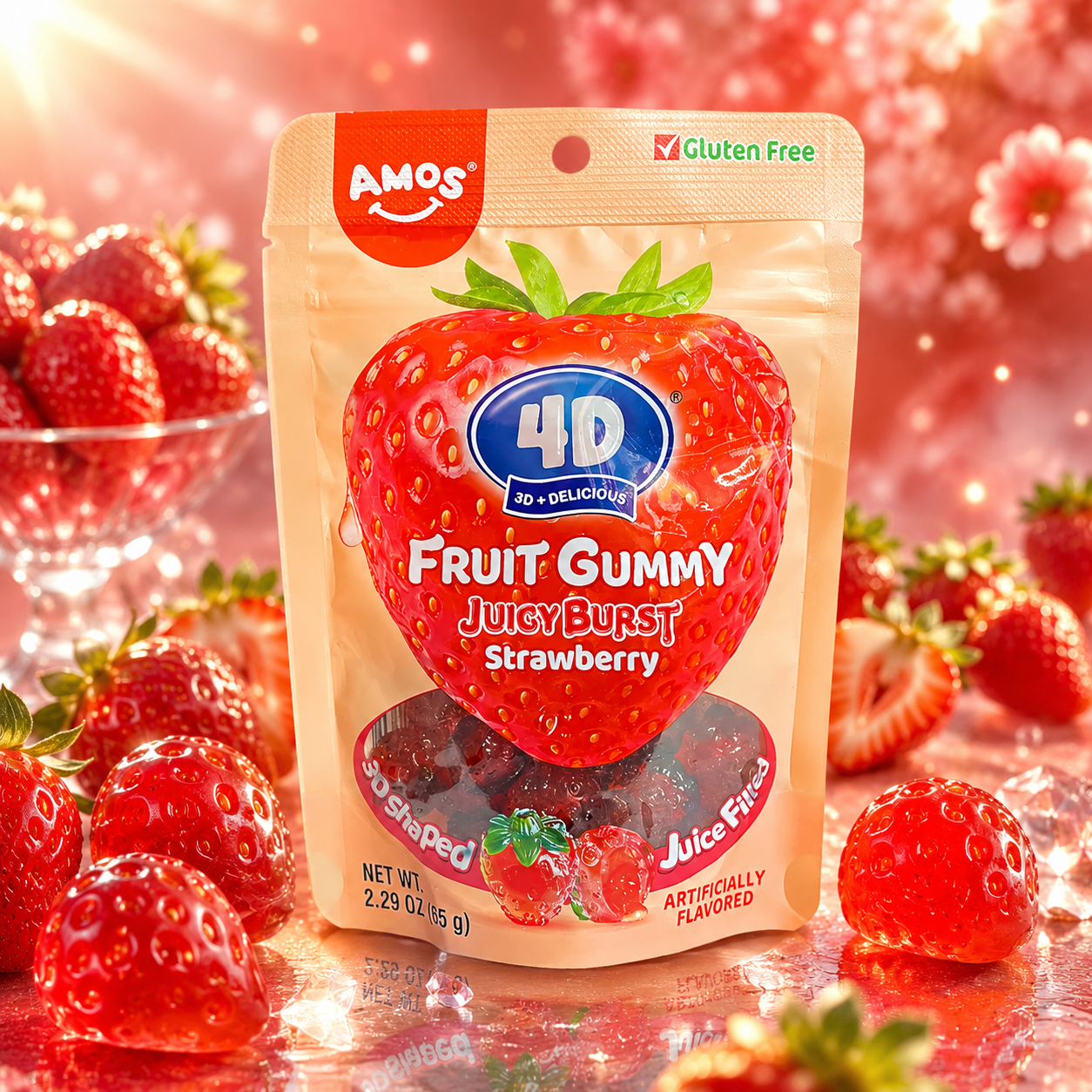 Amos 4D eperlével töltött eperízű gumicukor 65 g