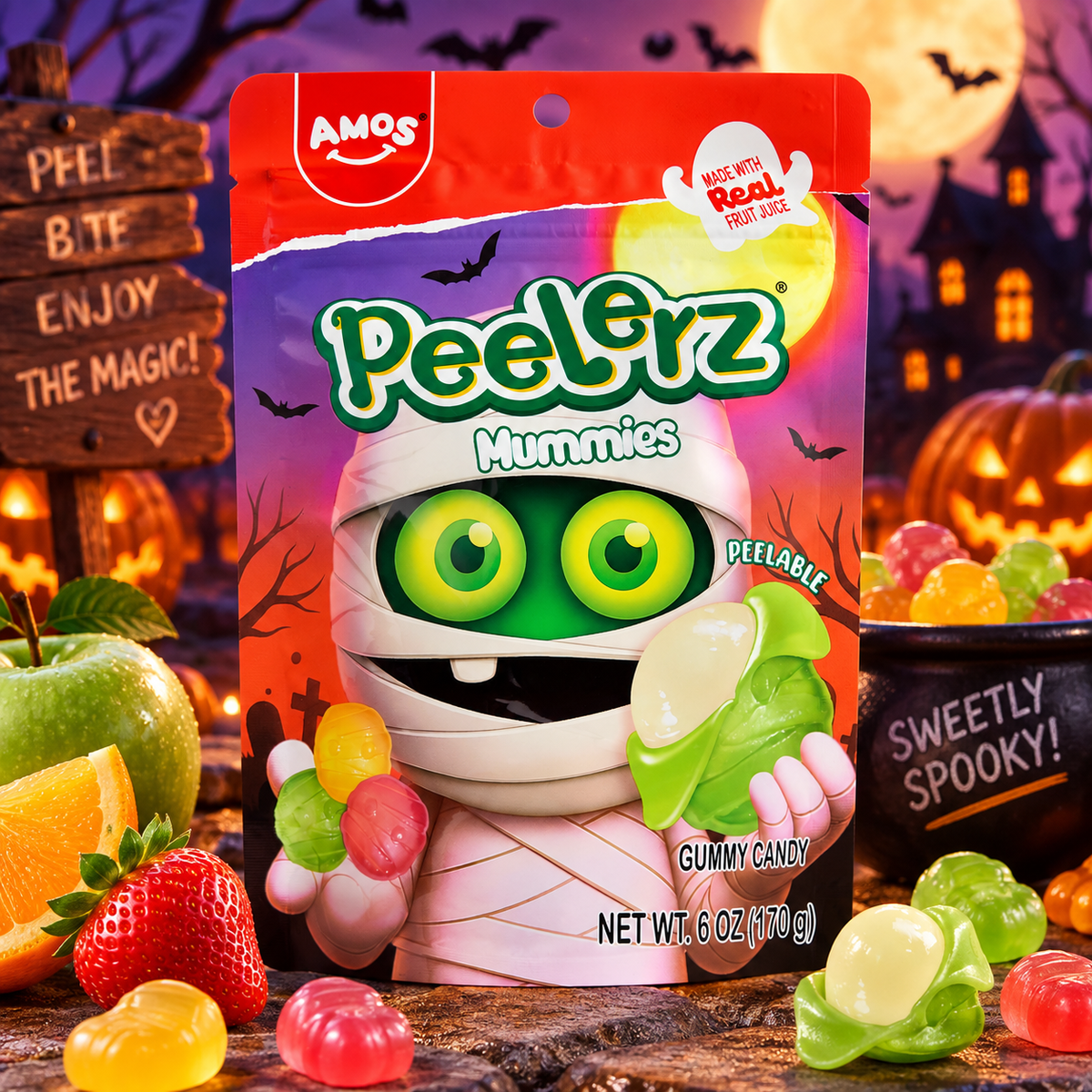 Amos Peelerz Mummies 170 g - Hámozható múmia alakú gyümölcsízű gumicukor 170 g
