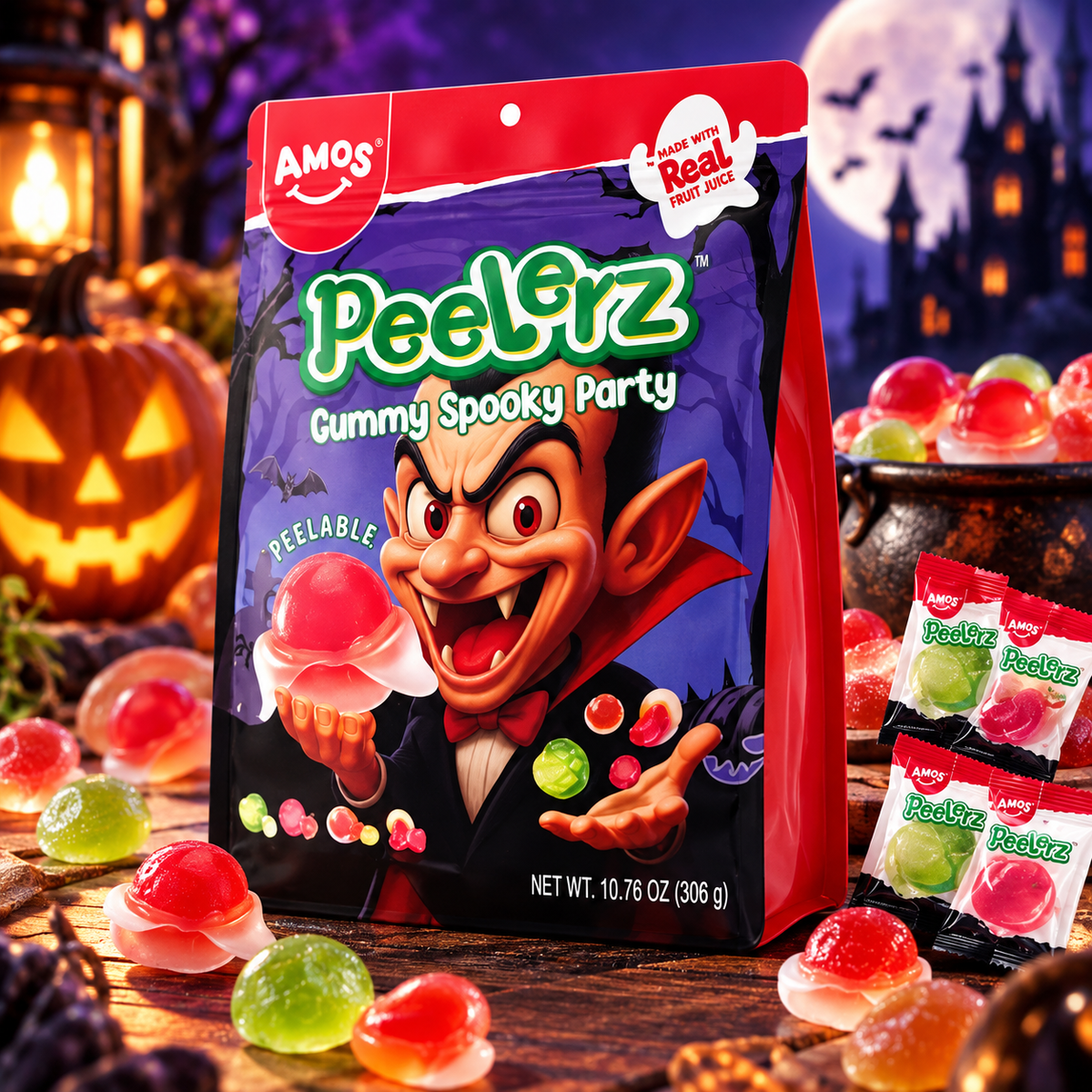 Amos Peelerz Spooky Party 390 g - Hámozható Halloween gyümölcsízű gumicukor válogatás 390 g