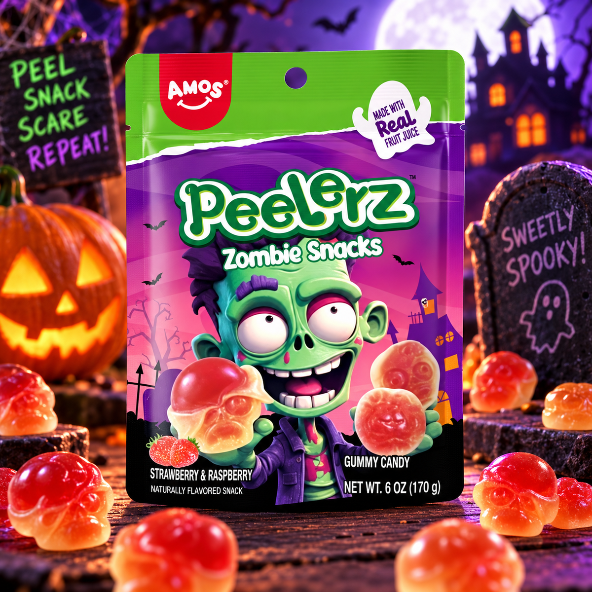 Amos Peelerz Zombie Snacks 170 g - Hámozható eper- és málnaízű zombi gumicukor 170 g