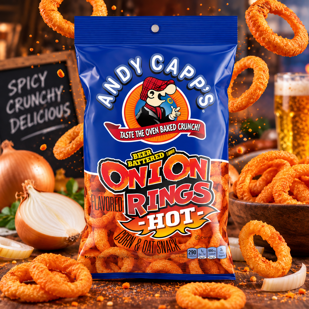 Andy Capp's Hot Onion Rings 57 g - Csípős hagymakarika ízű kukorica- és zabos snack 57 g