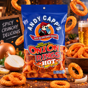 Andy Capp's Hot Onion Rings 57 g - Csípős hagymakarika ízű kukorica- és zabos snack 57 g