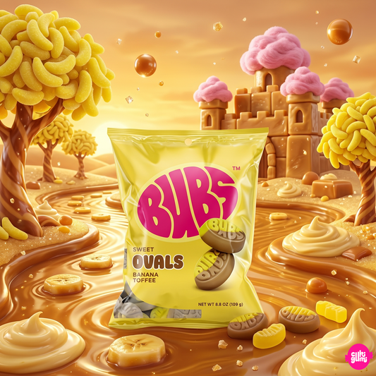 BUBS Sweet Ovals Banana Toffee 156 g – Banán-Karamell Ovális Gumicukor (Vegán)