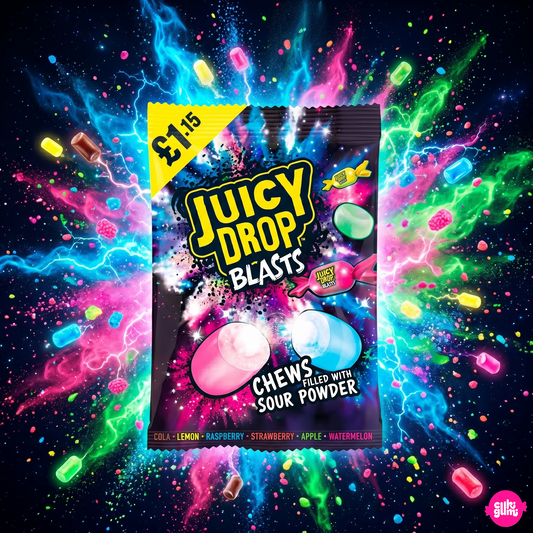 Bazooka Juicy Drop Blasts 120 g – Savanyú Porral Töltött Gyümölcsös Rágós Cukorka