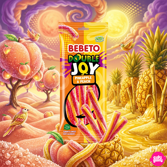 Bebeto Double Joy Pineapple & Peach 75 g – Ananászos-Őszibarackos Csavart Gumicukor
