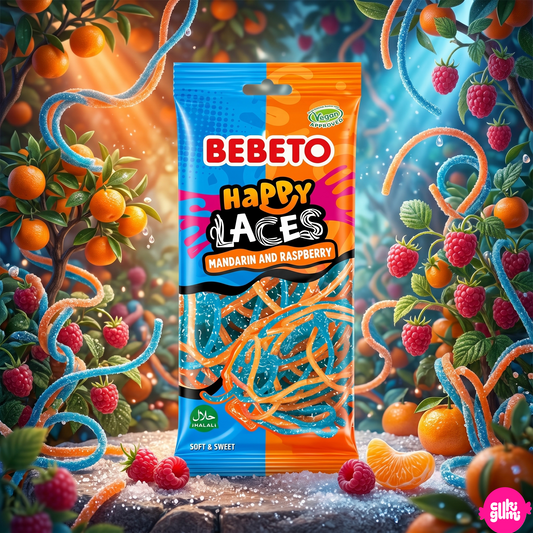 Bebeto Happy Laces Mandarin & Raspberry 75 g – Mandarinos-Málnás Gumicukor Spagetti