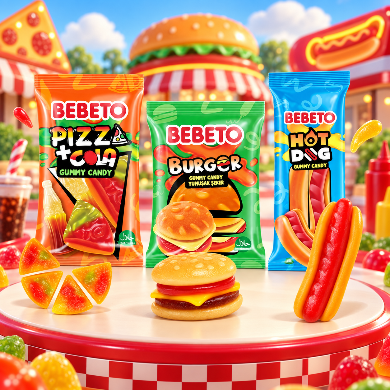Bebeto Fast Food Gummy Mix Gyümölcsös Gumicukor 10,5 g  (hamburger, pizza és hotdog gumicukor)