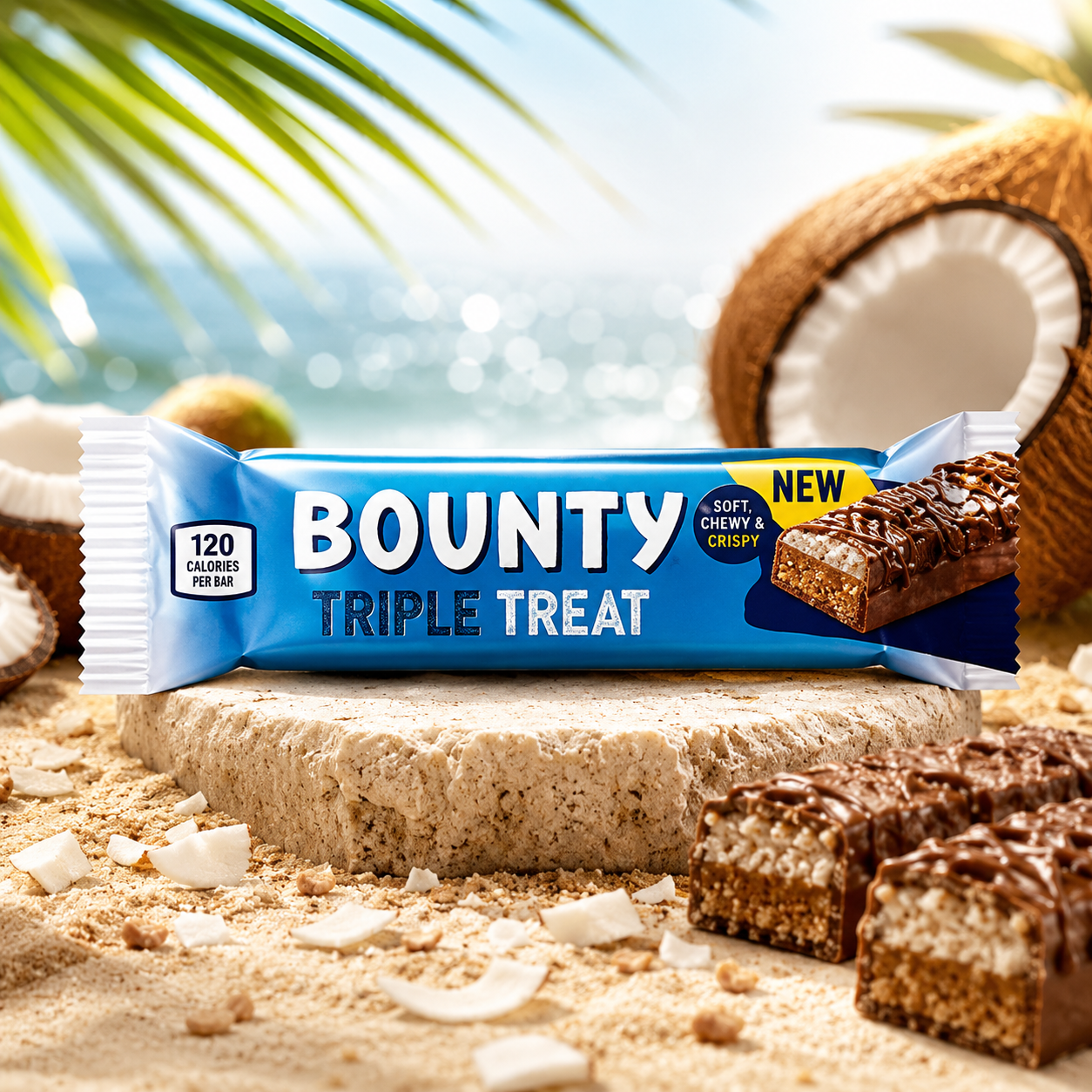 Bounty datolyás-földimogyoros kókuszos szelet tejcsokoladéval 40 g – Bounty Triple Treat