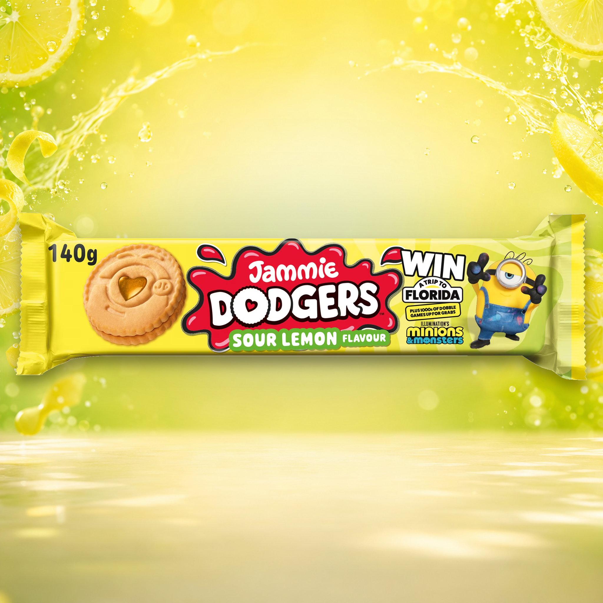 Jammie Dodgers Minions Sour Lemon 140 g – Savanyú Citromízű, Almás Töltelékes Keksz