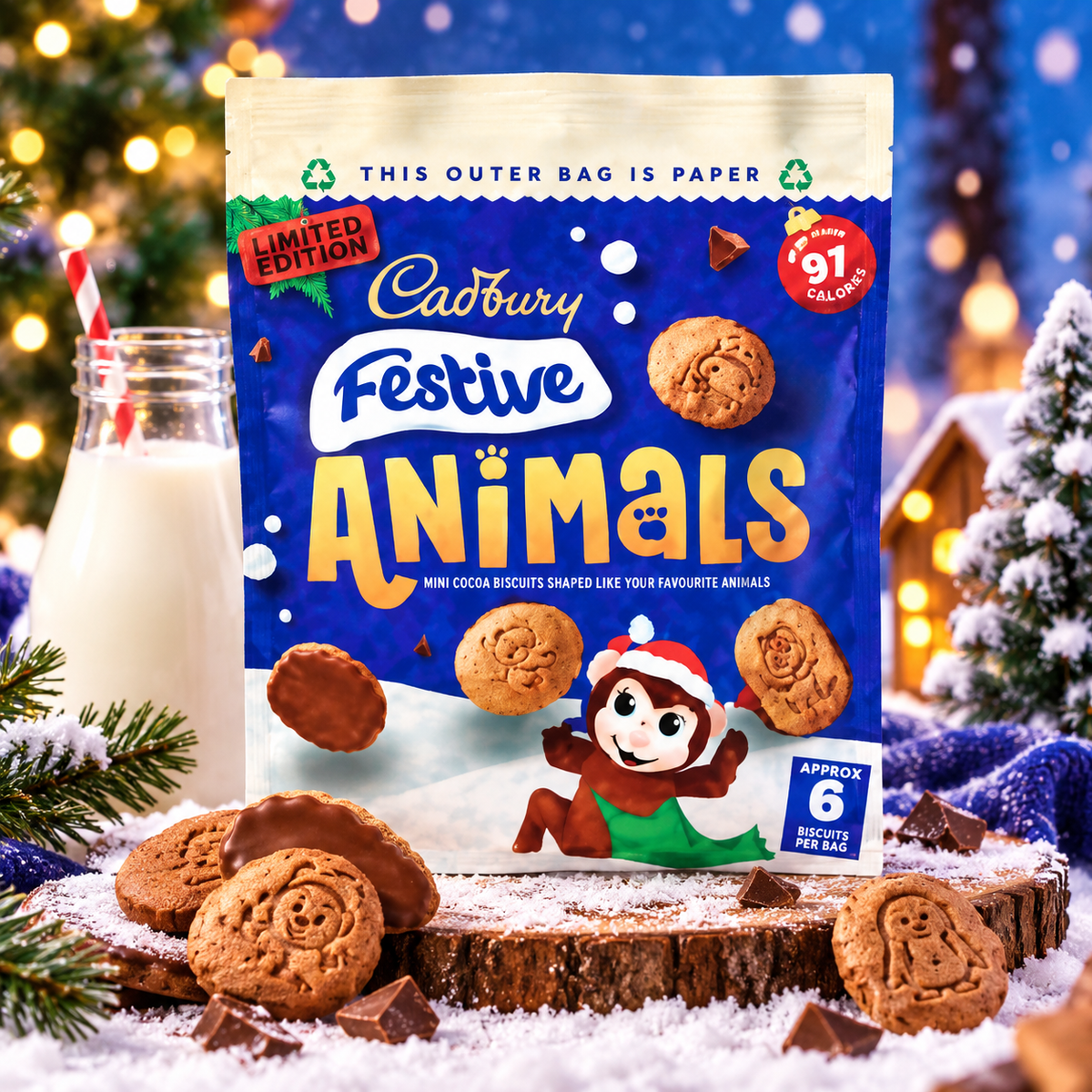 Cadbury Festive Animals 6 Pack 119 g - Tejcsokoládéval bevont mini állatfigurás keksz 6 × 19,9 g
