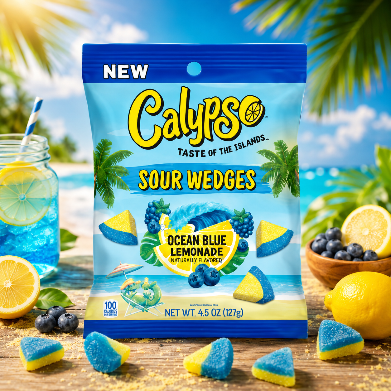 Calypso Ocean Blue Lemonade ízű savanyú zselécukorka gerezdek 127 g – Sour Wedges Ocean Blue Lemonade