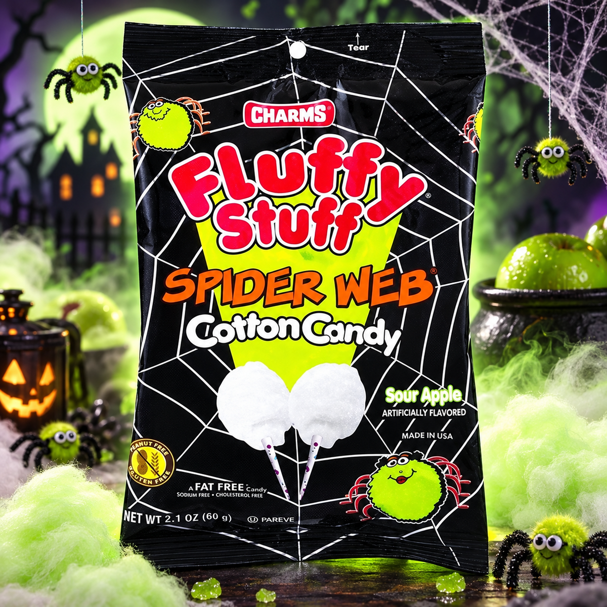 Charms Fluffy Stuff Spider Web Cotton Candy 60 g - Savanyú alma ízű pókhálós vattacukor 60 g