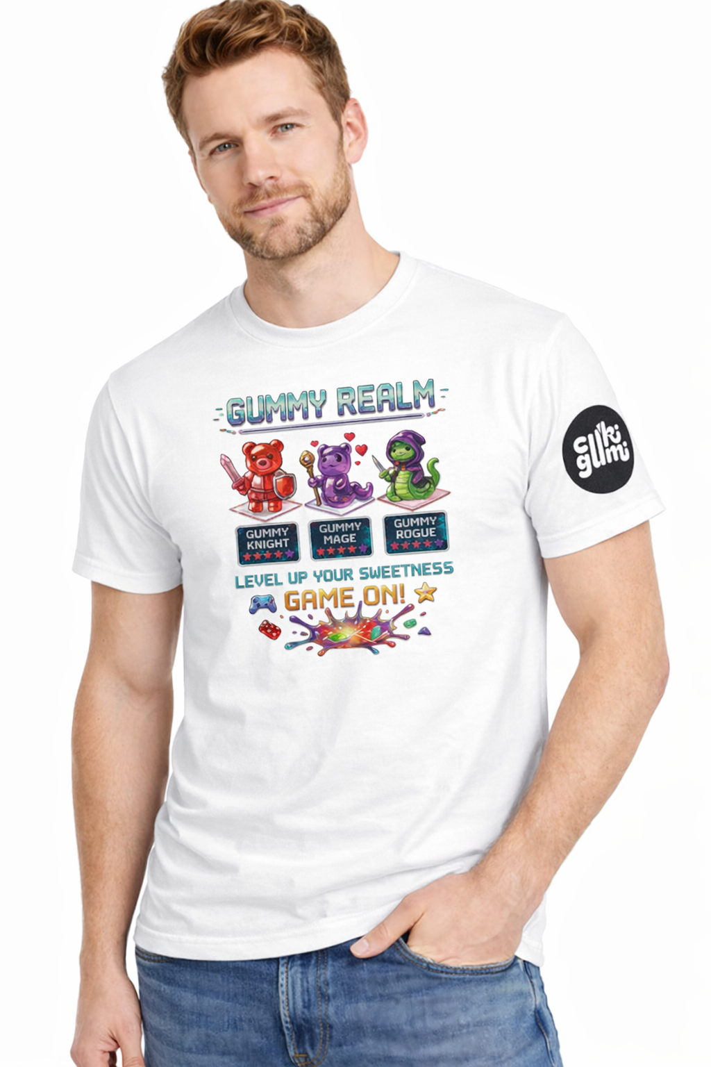 Gummy Realm Férfi Gamer Póló – Level Up Edition