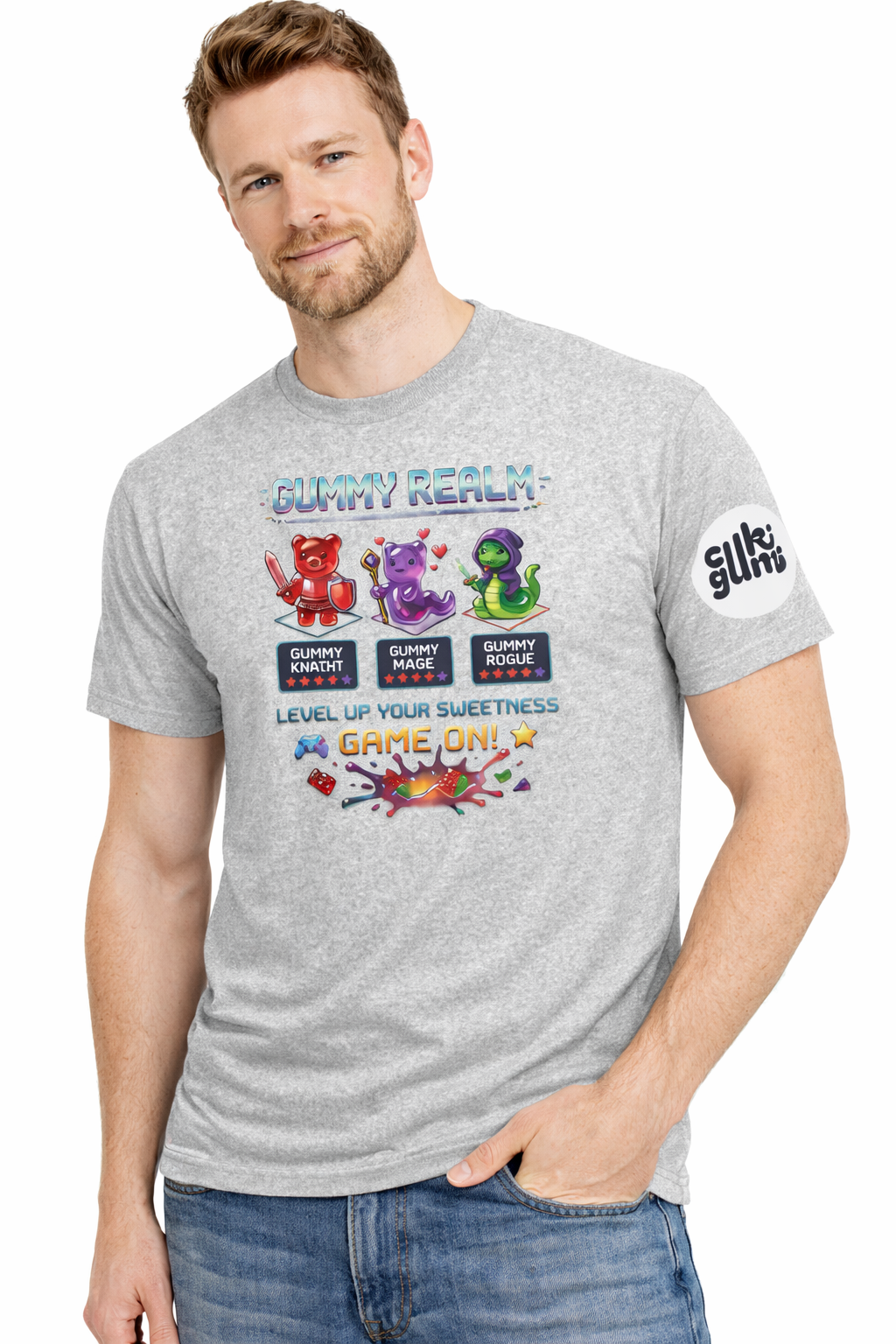 Gummy Realm Férfi Gamer Póló – Level Up Edition