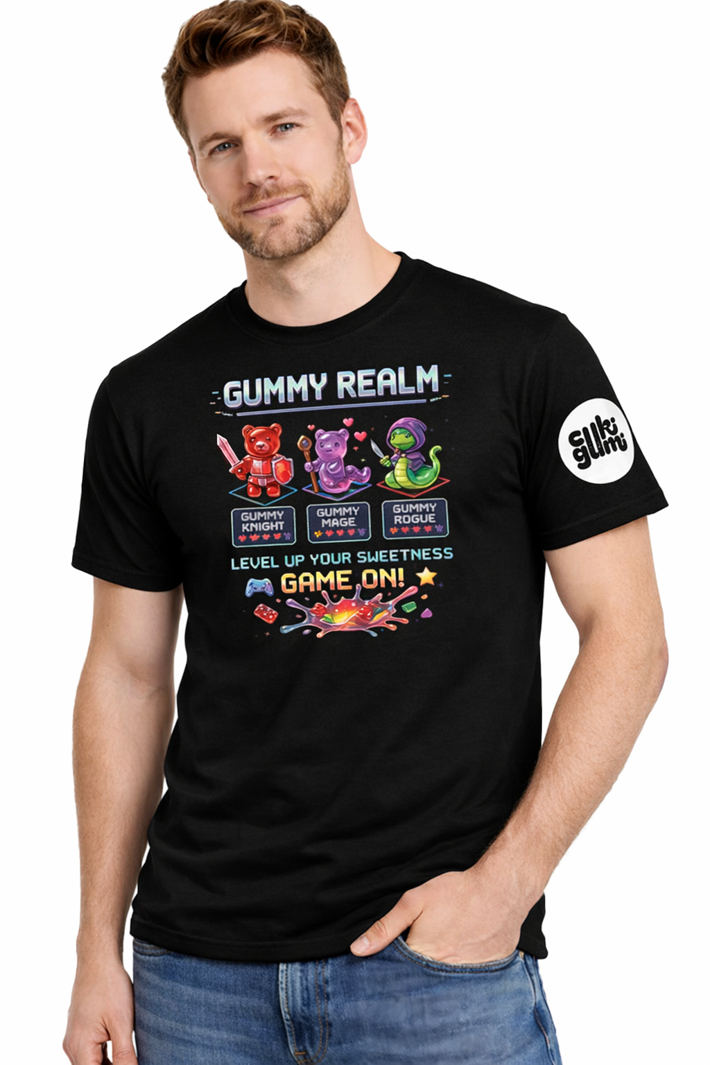 Gummy Realm Férfi Gamer Póló – Level Up Edition