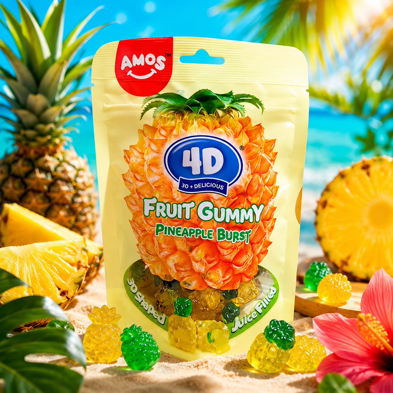 Amos 4D ananászlével töltött ananászízű gumicukor 65 g – 4D Pineapple Burst Fruit Gummy