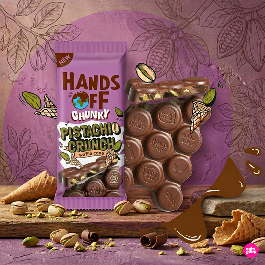 Hands Off Chunky Pistachio Crunch 100 g - Ropogós pisztáciás csokoládé szelet pralinéval
