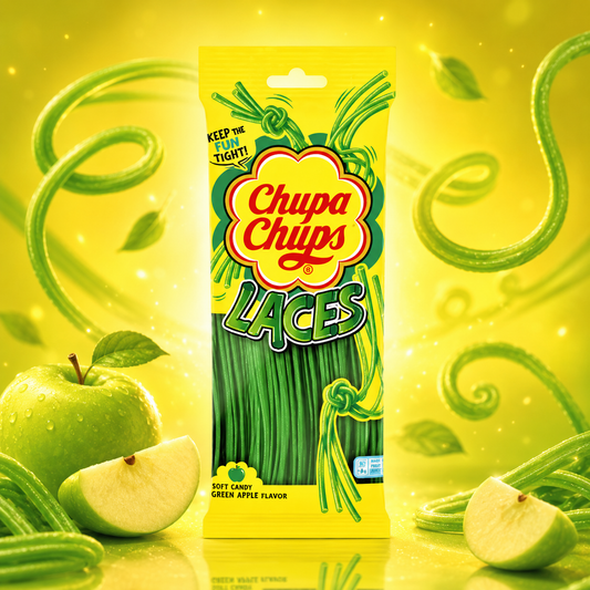 Chupa Chups Laces Green Apple 90g – Zöldалmás Gumicukor Szalag