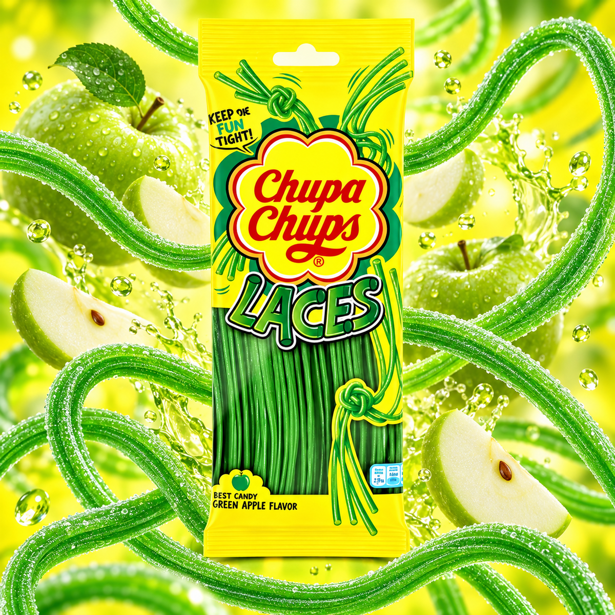 Chupa Chups Laces Green Apple – Zöldalma ízű gumicukor zsinór 90 g