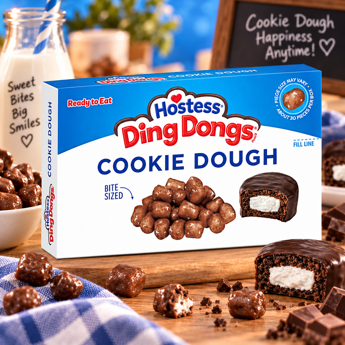 Cookie Dough Bites Hostess Ding Dongs 88 g - Csokoládé- és vanilíaízű süteménytészta falatok csokoládéízű bevonattal 88 g
