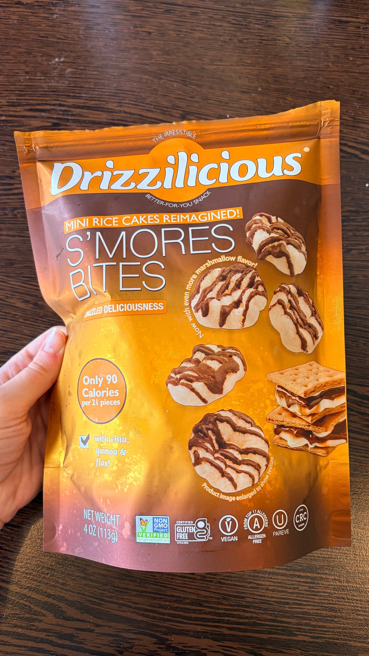 Drizzilicious S’mores ízű mini rizsszeletek kakaós csorgatással 113 g – Rice Cakes S’mores Bites szemből