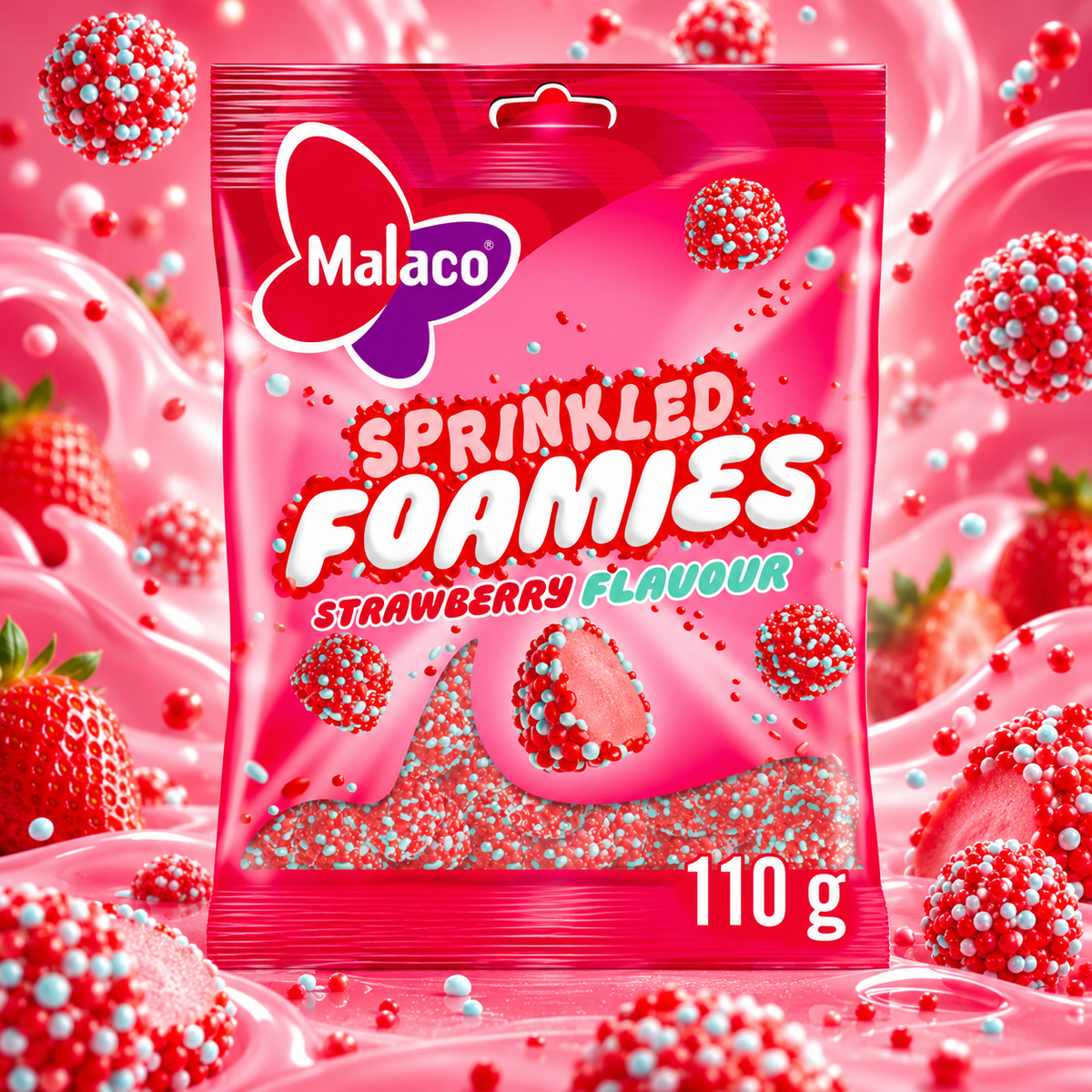 Malaco Sprinkled Foamies Strawberry – Eperízű ropogós habcukor 110 g