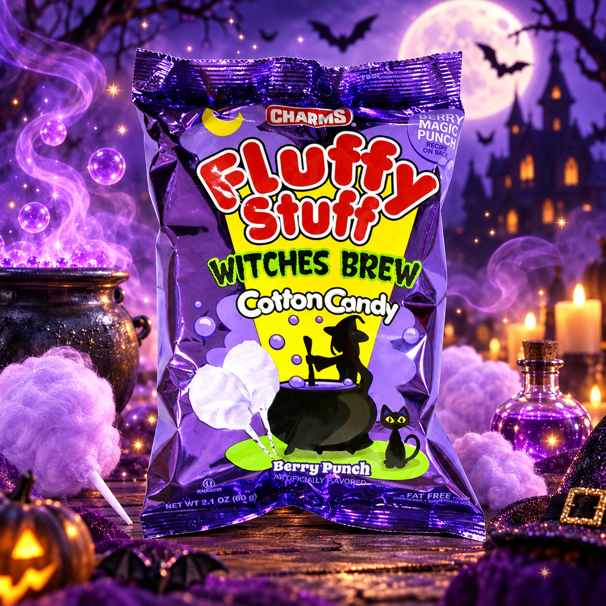 Fluffy Stuff Witches Brew Cotton Candy 60 g - Boszorkányfőzet bogyós gyümölcsízű vattacukor 60 g