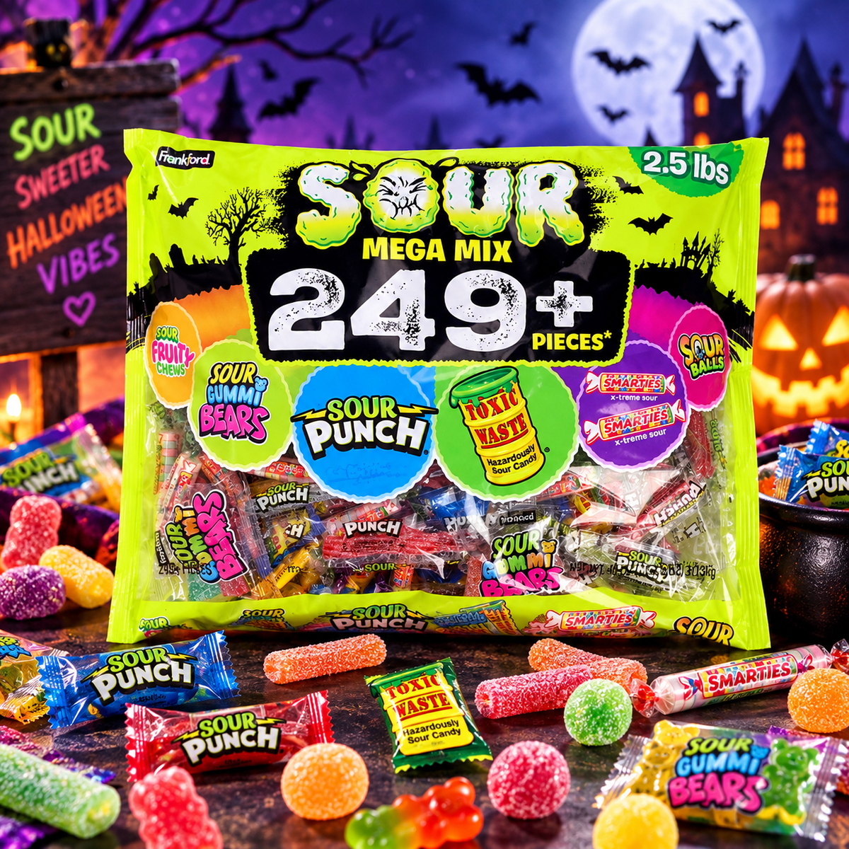 Frankford Sour Mega Mix 249 Pack 1,134 kg - 249+ darabos savanyú amerikai édességválogatás 1,134 kg