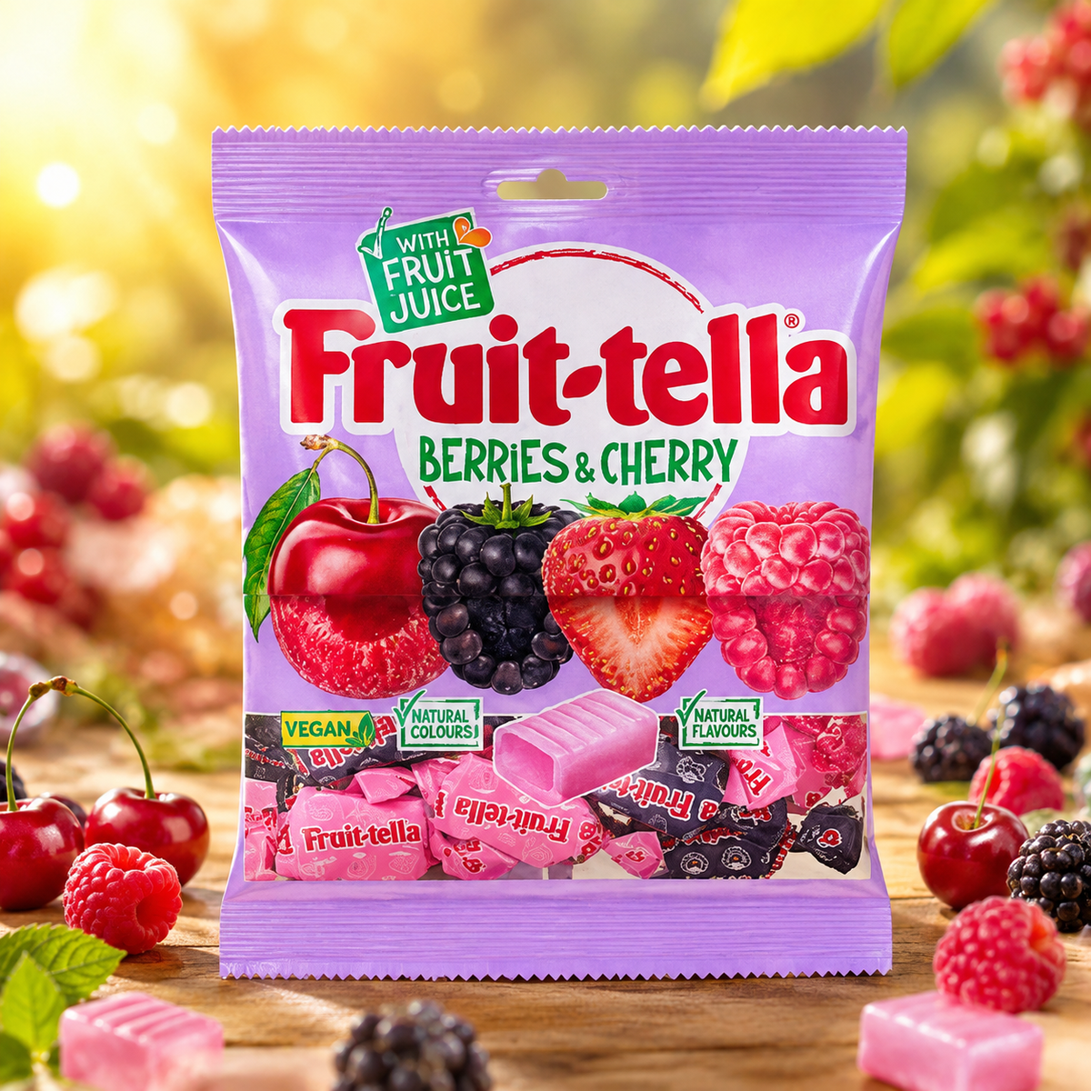 Fruit-tella bogyós gyümölcsös és cseresznyés puha rágós cukorka mix 135 g – Berries & Cherry