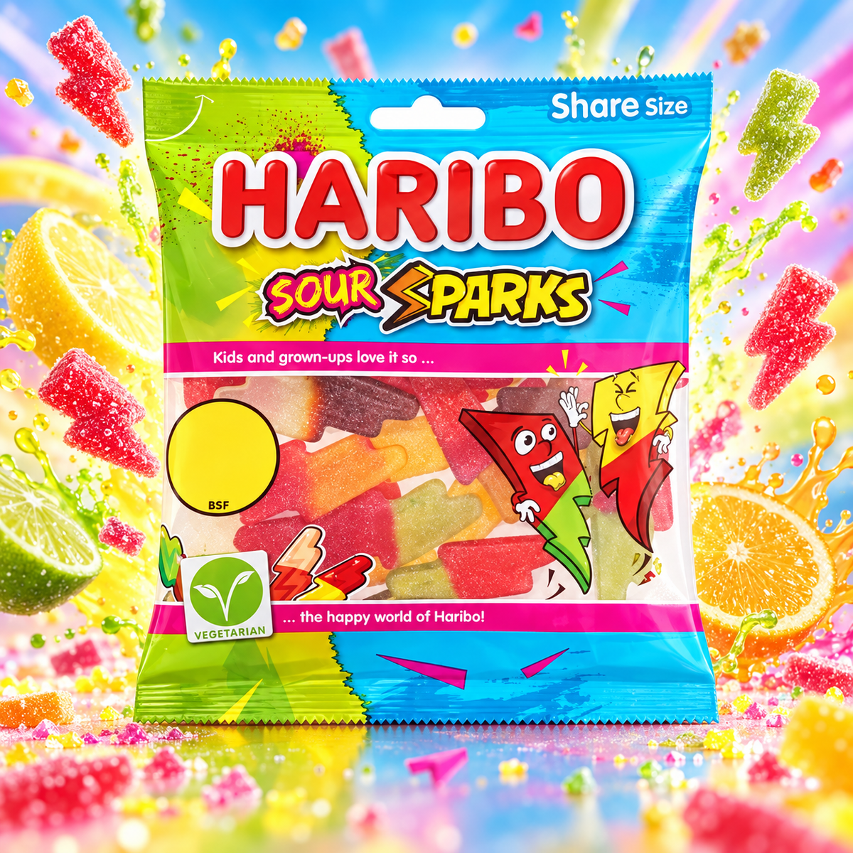 Haribo Sour Sparks – Savanyú gyümölcs- és kólaízű gumicukor 140 g