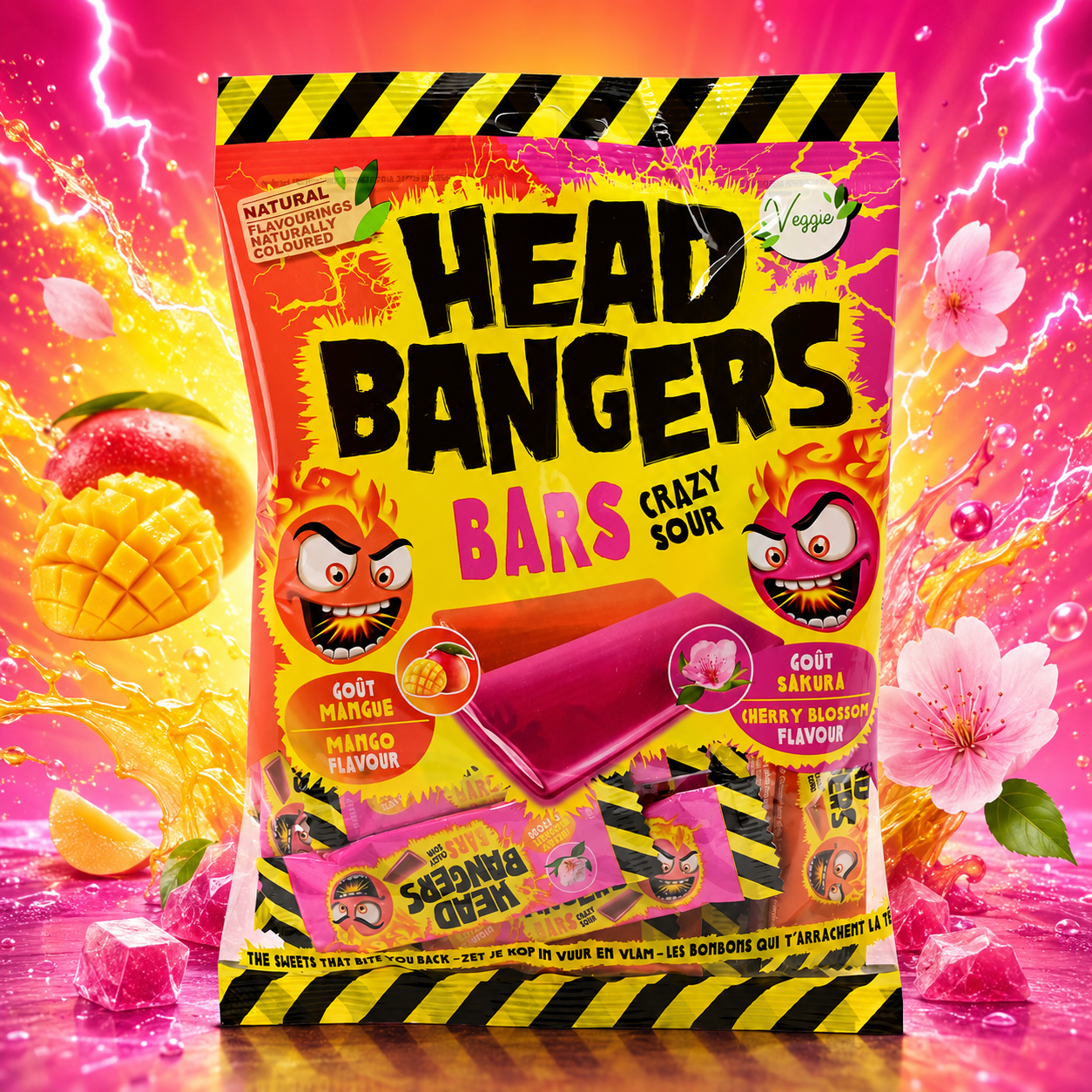 Head Bangers Bars Crazy Sour Mango & Sakura 200g – Extra Savanyú Mangó és Sakura ízű Rágócukorka