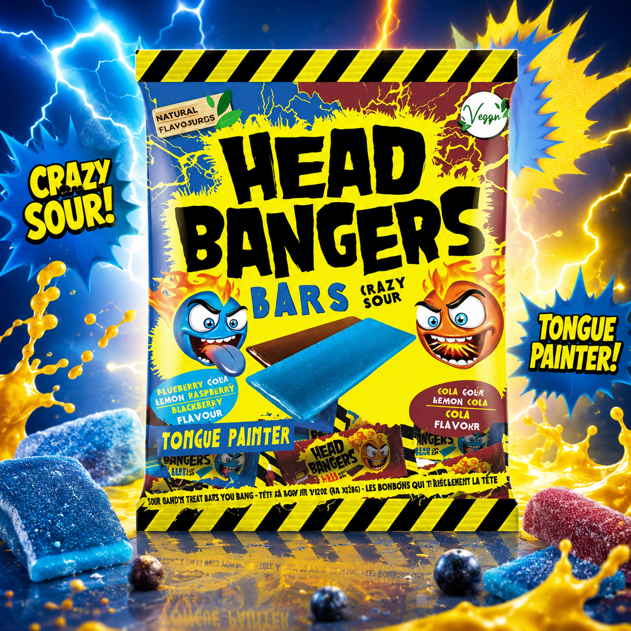 Head Bangers Bars Crazy Sour Raspberry & Cola 200g – Extra Savanyú Málna és Kóla ízű Rágócukorka