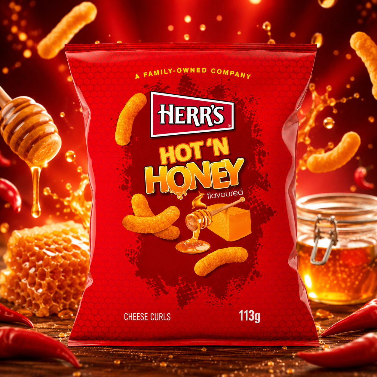 Herr's csípős mézes-sajtos kukoricasnack 113 g – Herr's Hot 'N Honey Cheese Curls