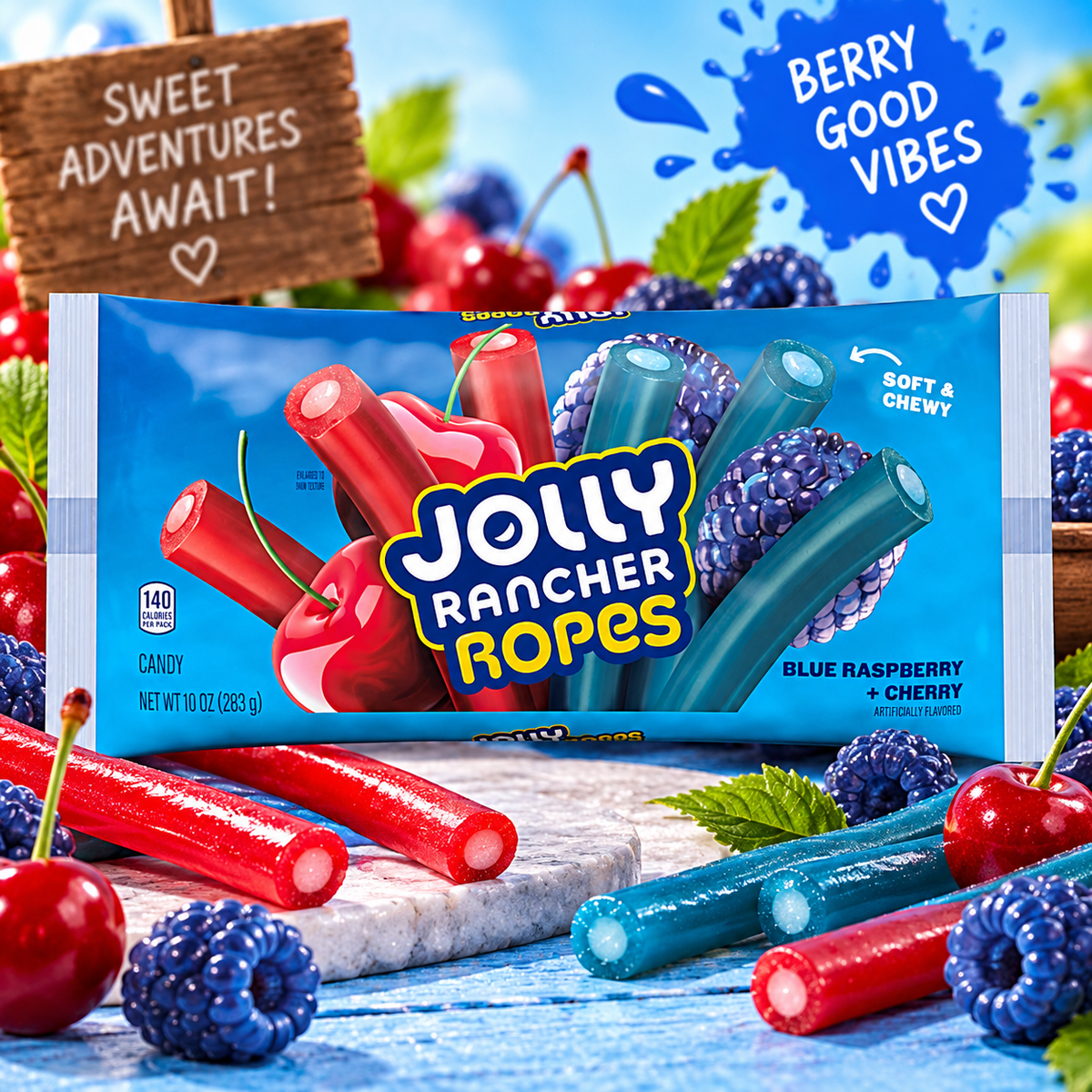 Jolly Rancher Ropes Blue Raspberry & Cherry 283 g - Kék málna- és cseresznyeízű töltött rágós cukorkaszál 283 g