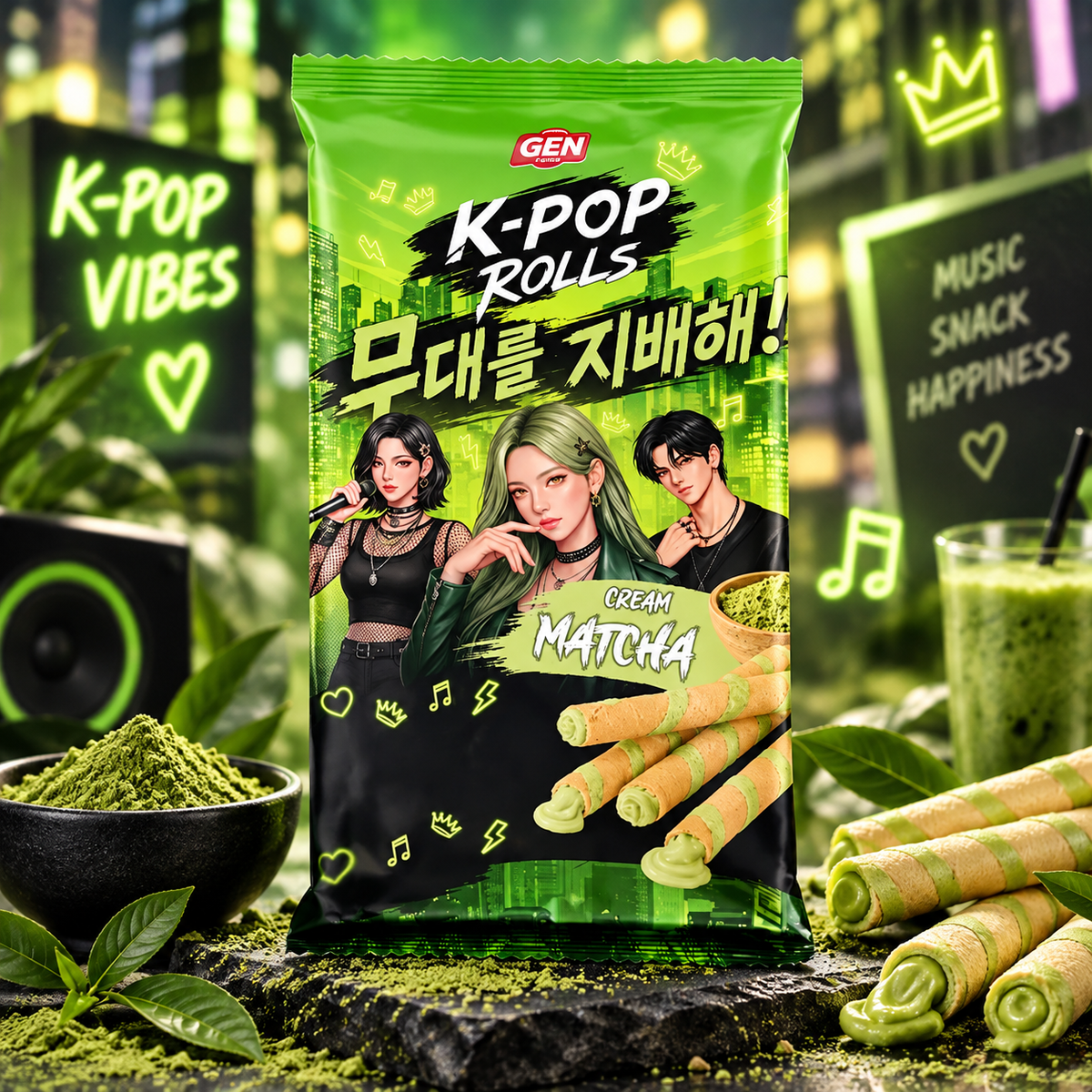 K-Pop Rolls Cream Matcha – Matcha krémmel töltött ropogós ostyarudak 120 g