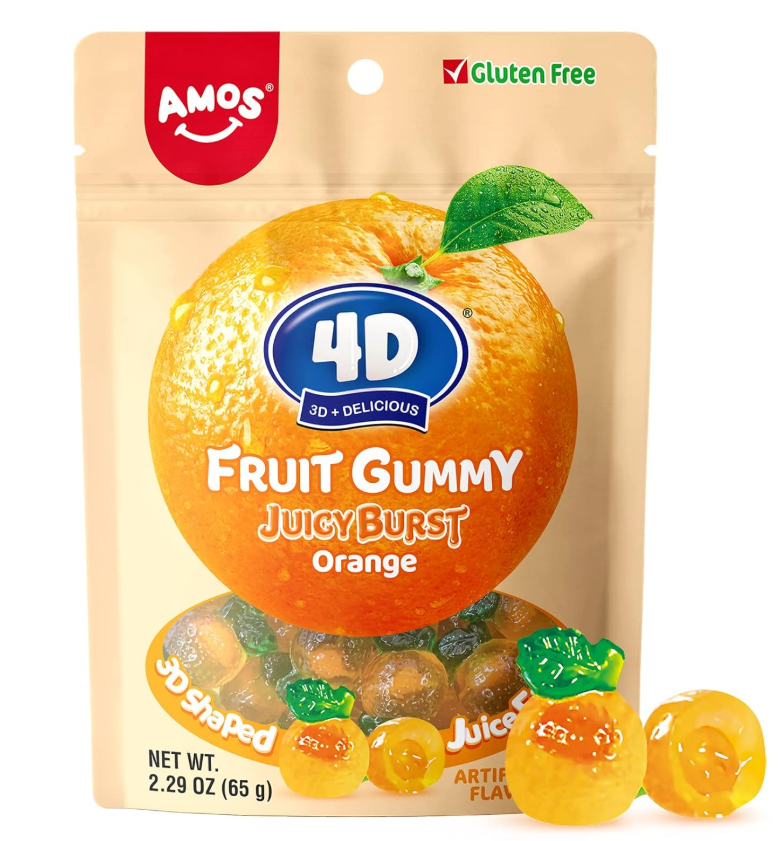 Amos Fruits Orange Burst – Narancs ízű töltött gumicukor (120g)