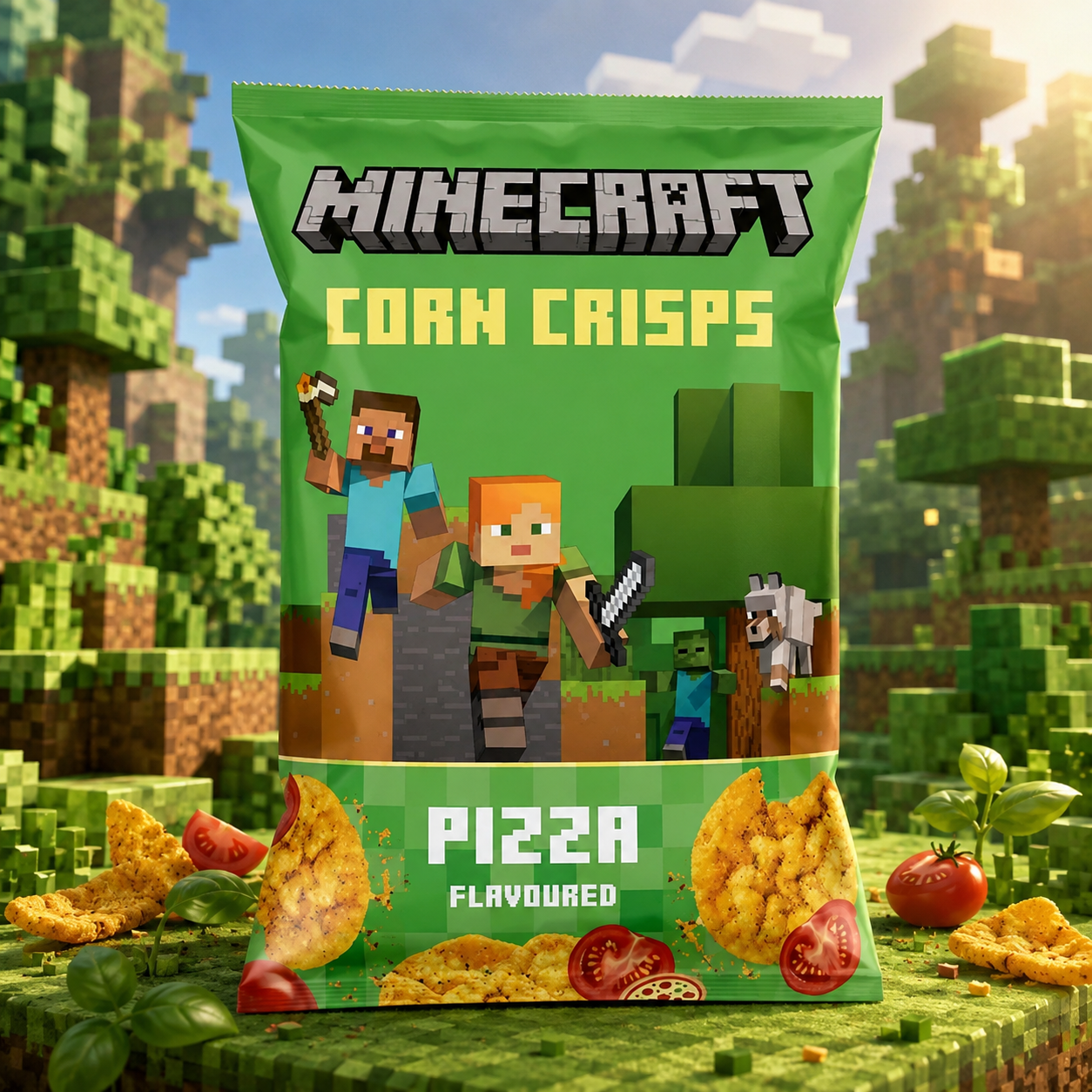 Minecraft Corn Crisps Pizza 60g – Pizza Ízű Kukorica Ropi – ️Cukigumi 🍭